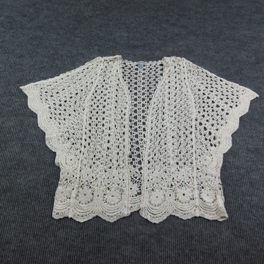 NINA LEONARD Shrug Womens L Off-White Crochet Open-Knit Short Sleeve Cotton NWOT